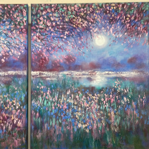 Spring cherry blossom  trees in moonlight-original oil paintings - total inches 32  x 20 x1