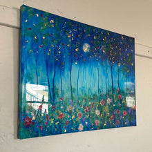 Load image into Gallery viewer, In stock -embellished moon print - Springtime Blue Moon and wildflowers  18x24x1  with gold leaf