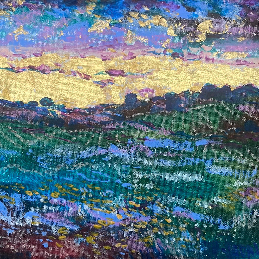 8x10 Original painting California wine country Acrylic with 24 kt Gold leaf and Framed