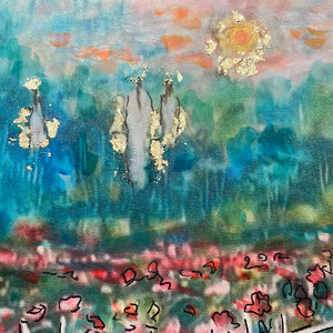 2/15  -in Stock  -white country church among red poppy fields with Angels - embellished print -with gold leaf-resin or Varnish finish