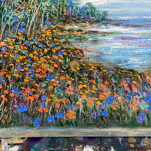 Lk Tahoe shoreline and wildflowers   -oil and cold wax