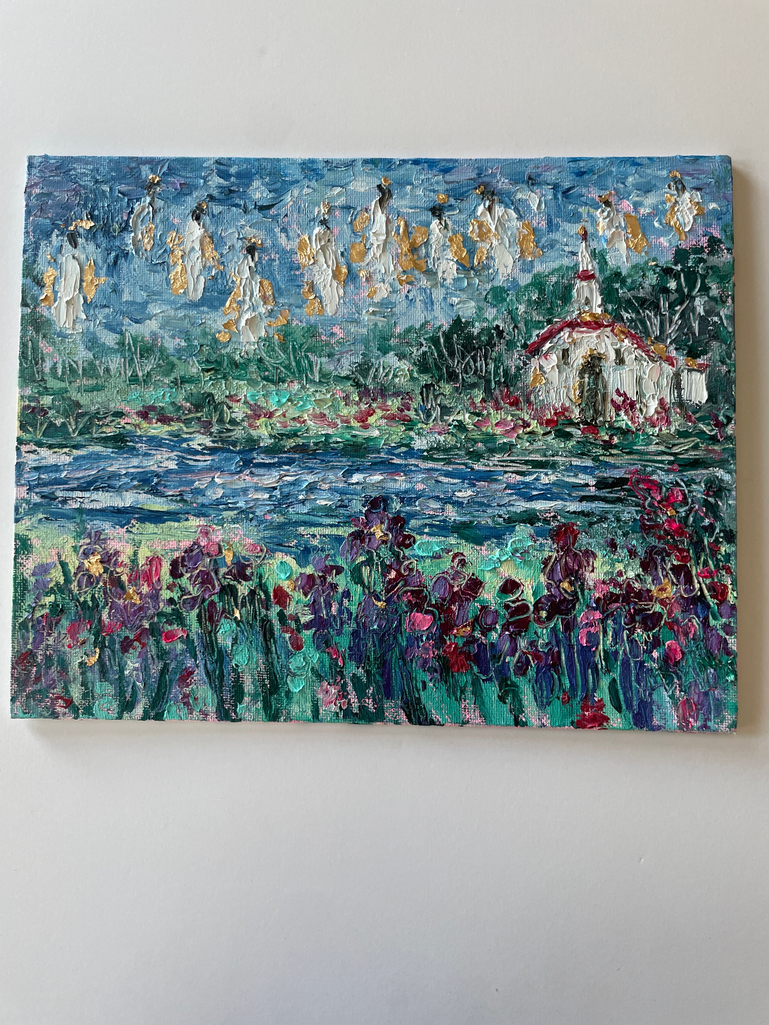 8x10 Original Painting White Country Church and Angels Along Iris Stream in Oil and Cold Wax