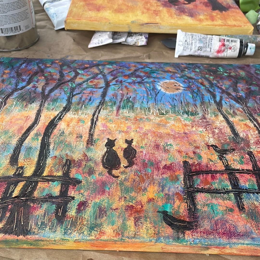 Two black cats ,  3 black birds -under Halloween moon-oil and cold wax