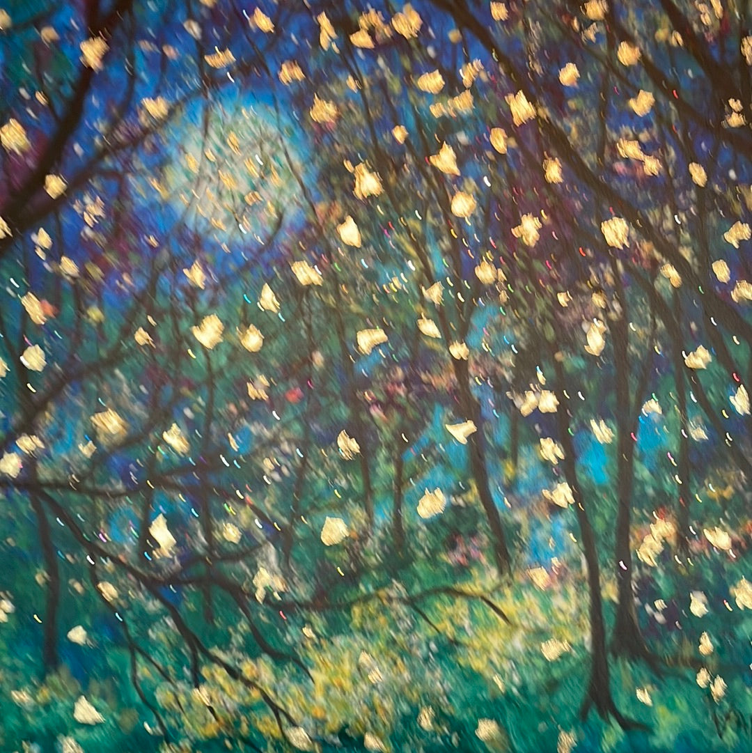 18x24x1  Fireflies under Springtime Moon Canvas Print with Embellished Gold Leaf with Resin Finish