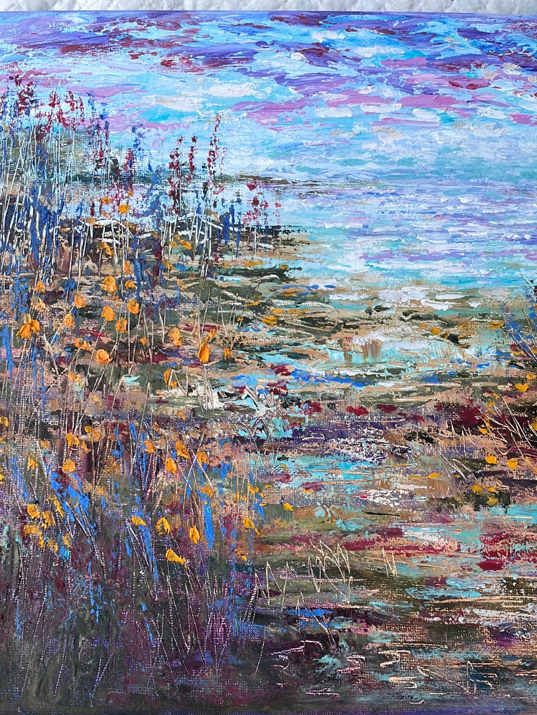 Monterey waves , beach path and  wildflowers   -oil and cold wax