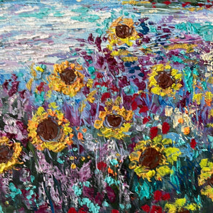 California pond , sunflowers , wildflowers- and mountains -oil and cold wax -12 x12  x 1/8 wood panel