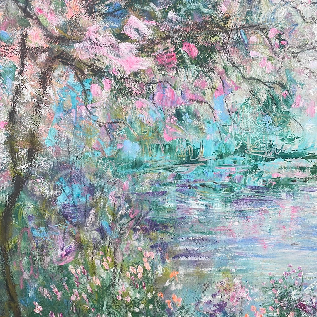 Original painting - Cherry blossom pond - 60 x 48 x 1.5 - oil