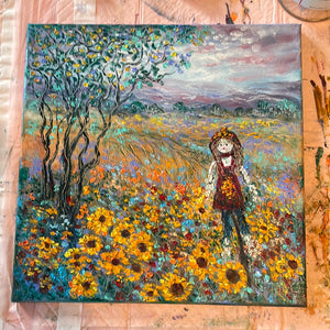 Sunflower fields and little miss Scarecrow ,  12 x 12 x 3/4 )
