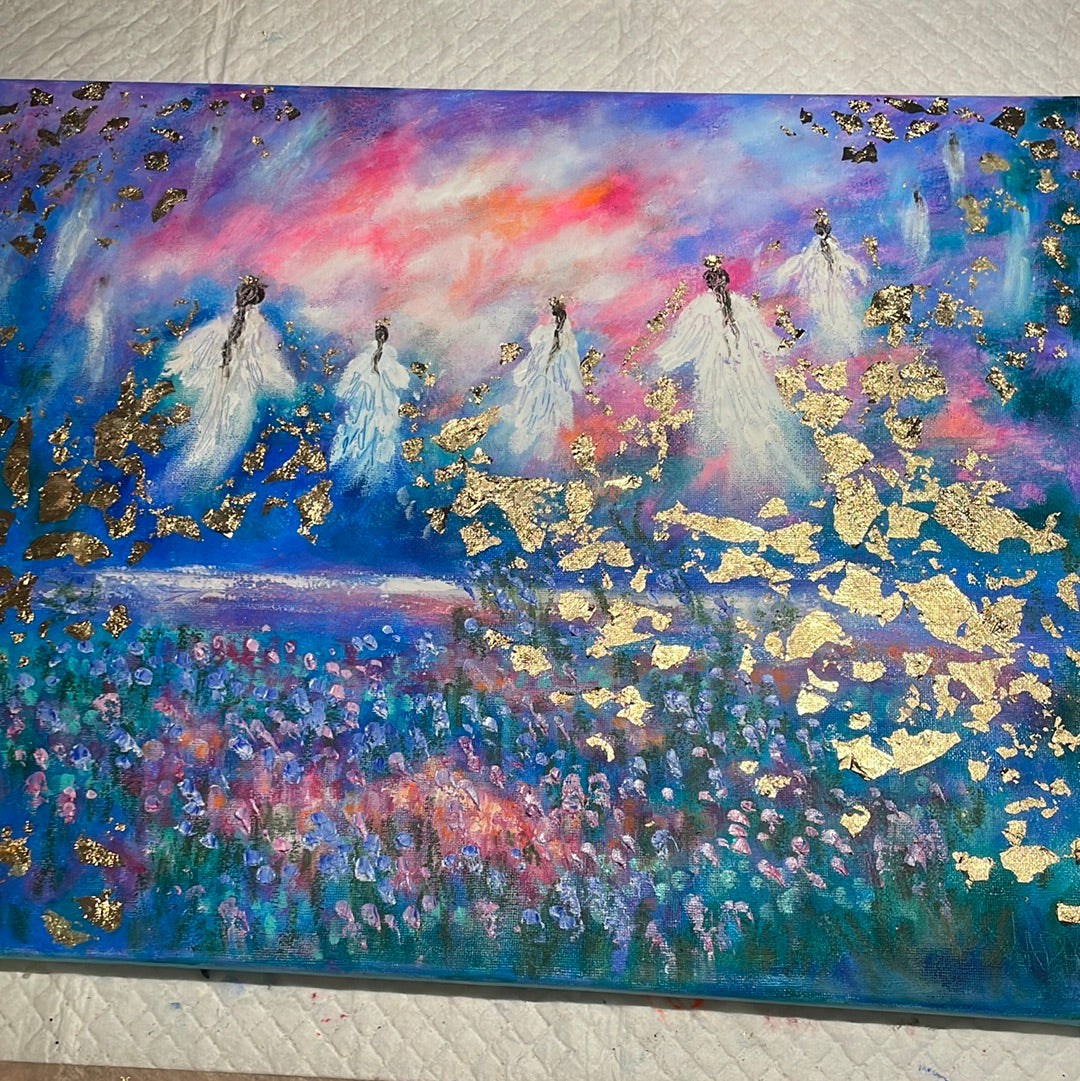 16x20x3/4 Original Painting Angels in Heavens Golden Clouds with Gold Leaf