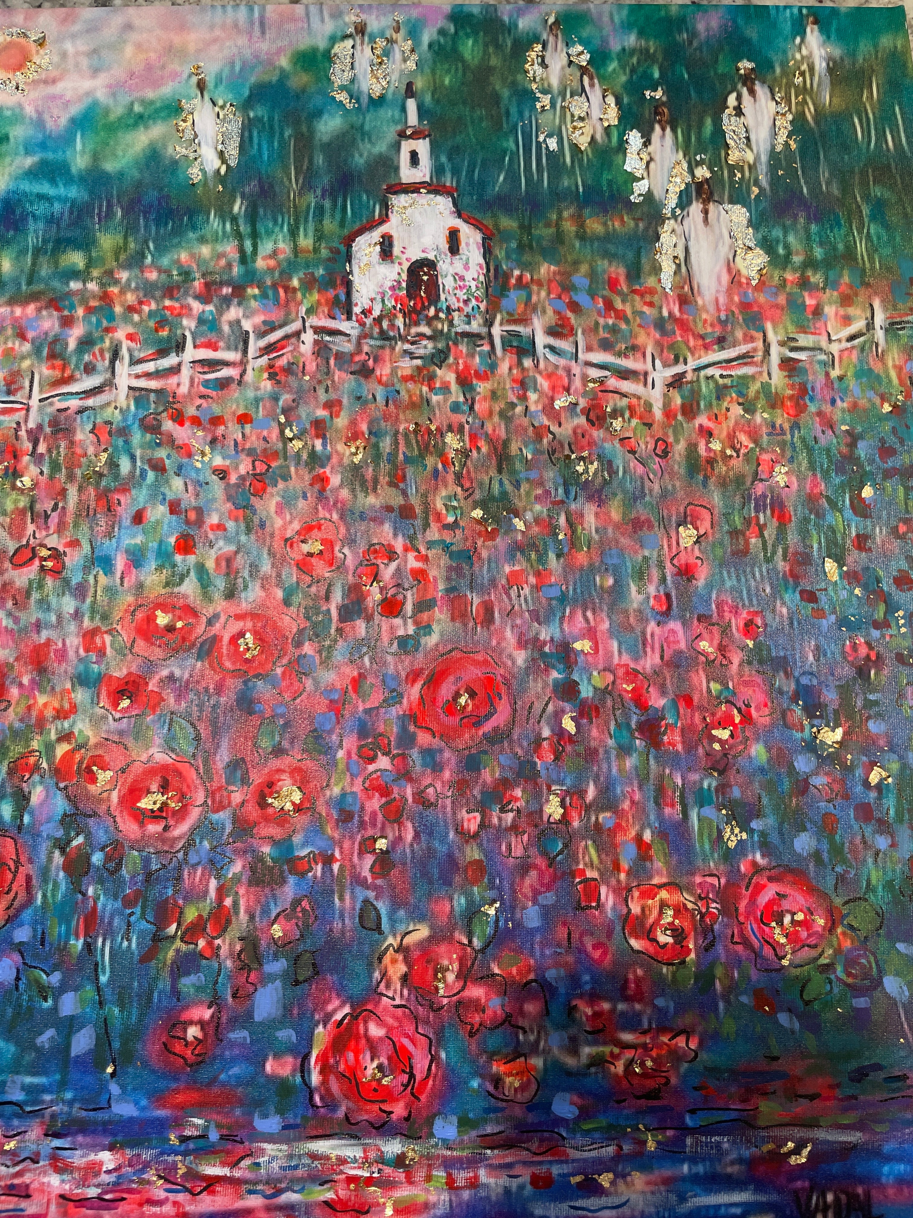 18x24x1 Canvas Print White Country Church Among Red Poppy Fields with Angels