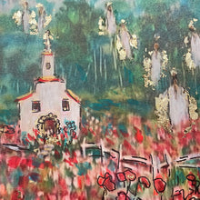 Load image into Gallery viewer, 2/15  -in Stock  -white country church among red poppy fields with Angels - embellished print -with gold leaf-resin or Varnish finish