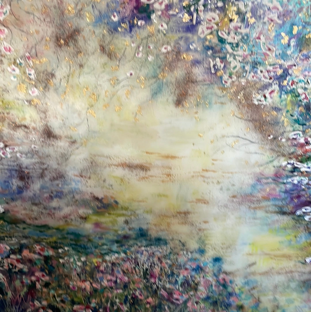 Original painting - Glowing stream and birch trees  - Large painting 60 x 48 x 1.5 - oil , plaster , and gold leaf