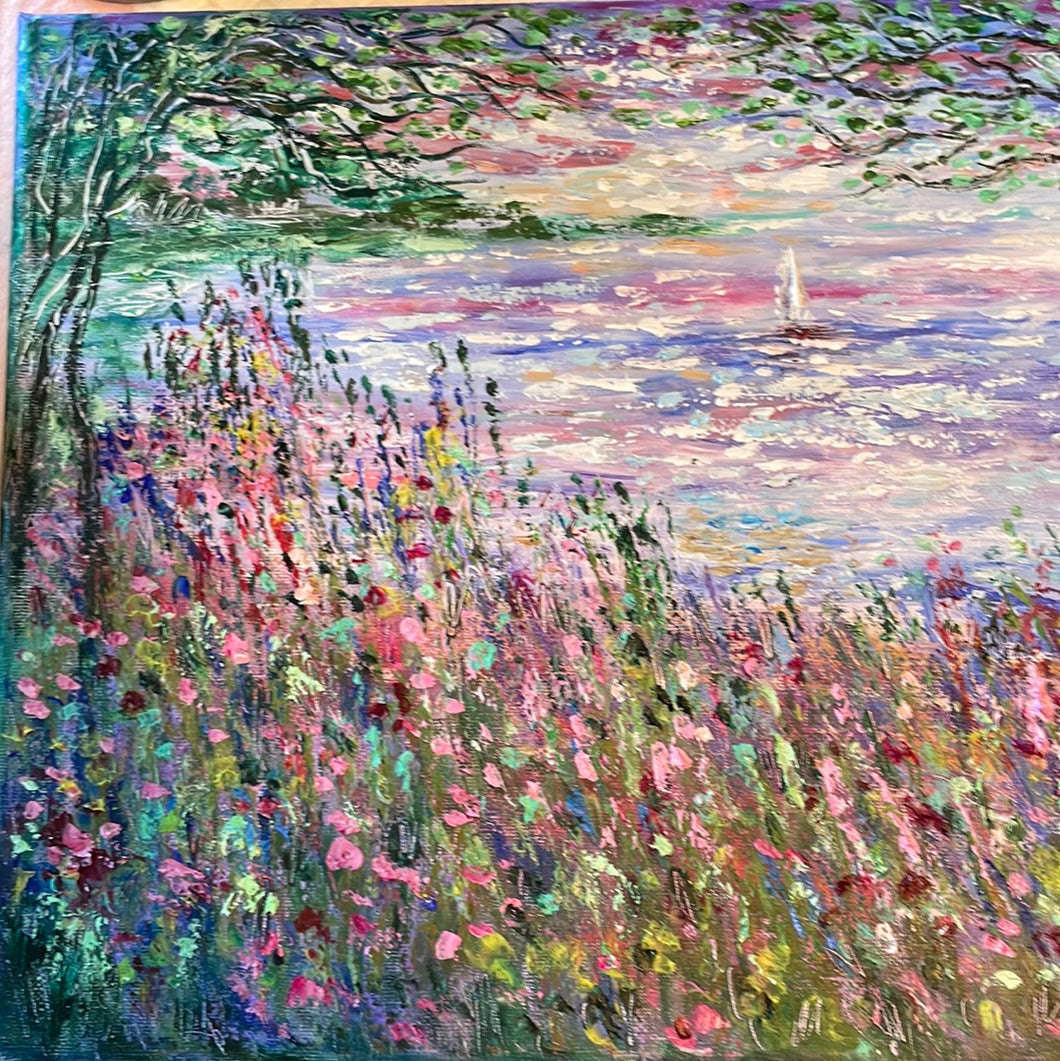 California sailboat sailing and wildflowers   -oil and cold wax