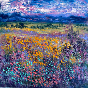 California clouds ,  oak trees and rolling hills, & wildflowers- oil and cold wax