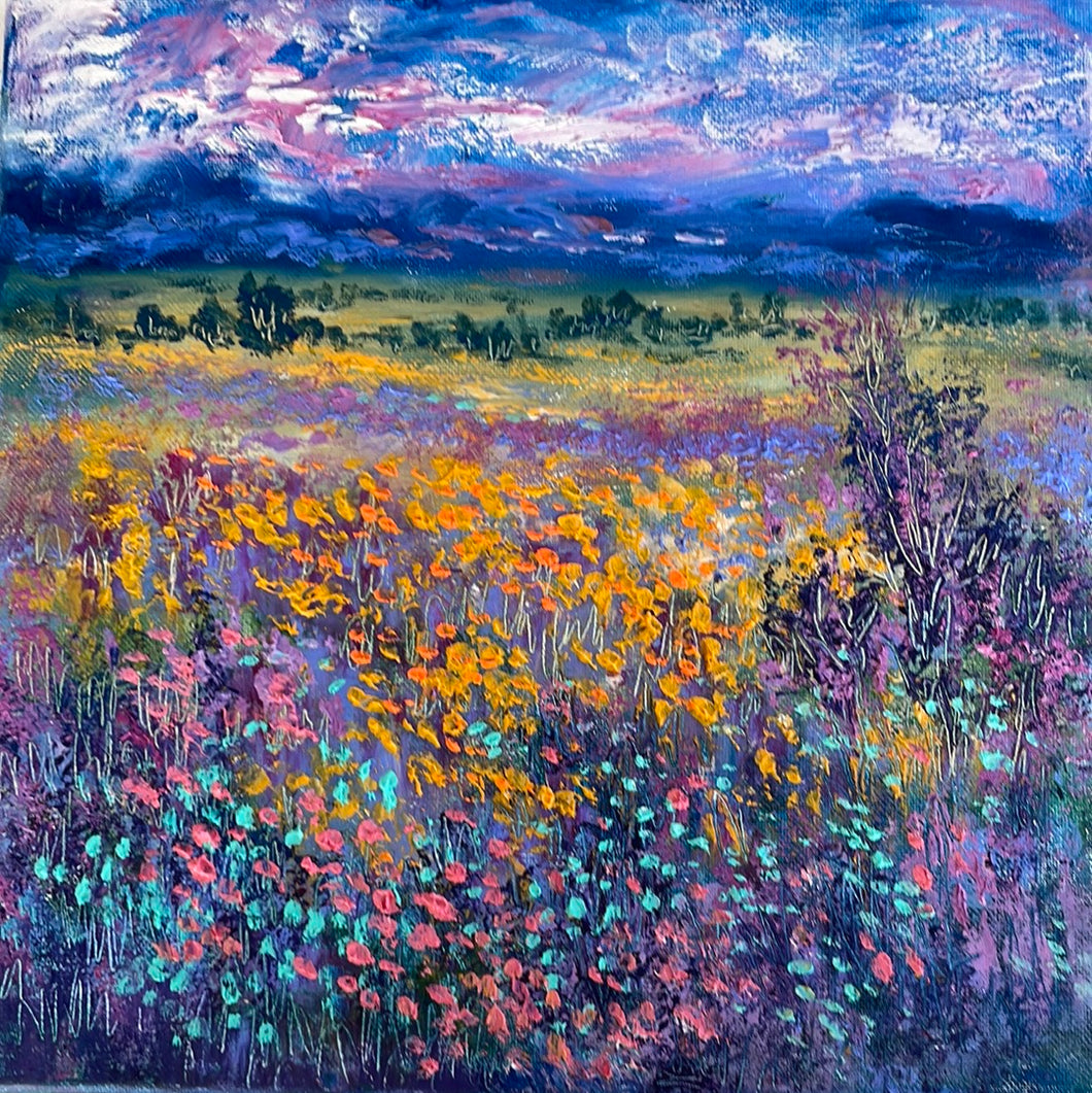 California clouds ,  oak trees and rolling hills, & wildflowers- oil and cold wax