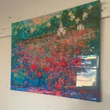 Load image into Gallery viewer, #4/15 in Stock  -white country church among red poppy fields with Angels - embellished print -with gold leaf-resin or Varnish finish -18 x 24 x1 on canvas