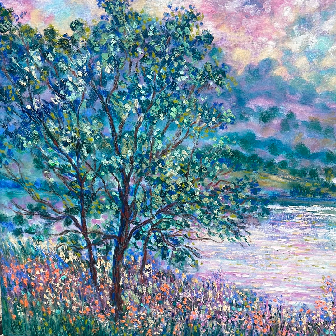 Original painting - California Don Pedro lake , oak trees and wildflowers -oil painting  40 x 30 x 1.5