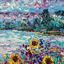 Load image into Gallery viewer, California pond , sunflowers , wildflowers- and mountains -oil and cold wax -12 x12  x 1/8 wood panel