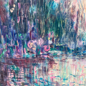 Blush pink -teal pond -abstract impressionist landscape painting 36 x 36 x 1