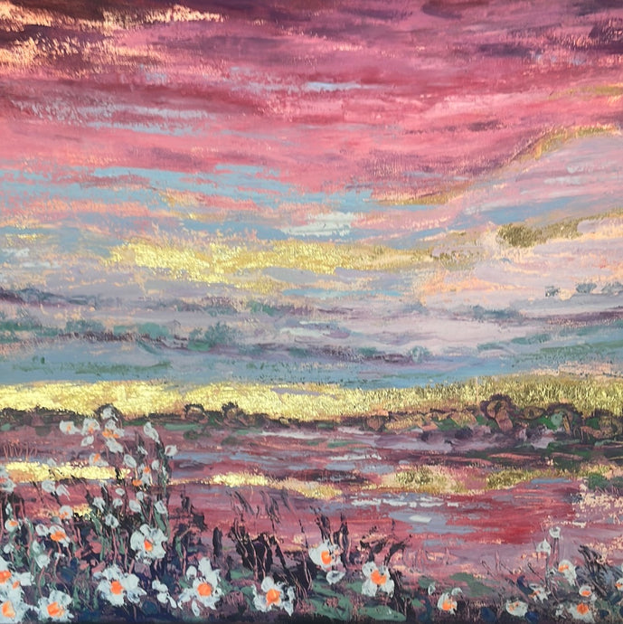 California red sunset golden sky and wild white poppies- 16 x 20