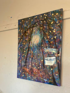 In stock - Embellished Canvas Print  -copper  Blue  moon 18 x 24 x1  , with gold leaf - large