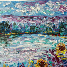 Load image into Gallery viewer, California pond , sunflowers , wildflowers- and mountains -oil and cold wax -12 x12  x 1/8 wood panel