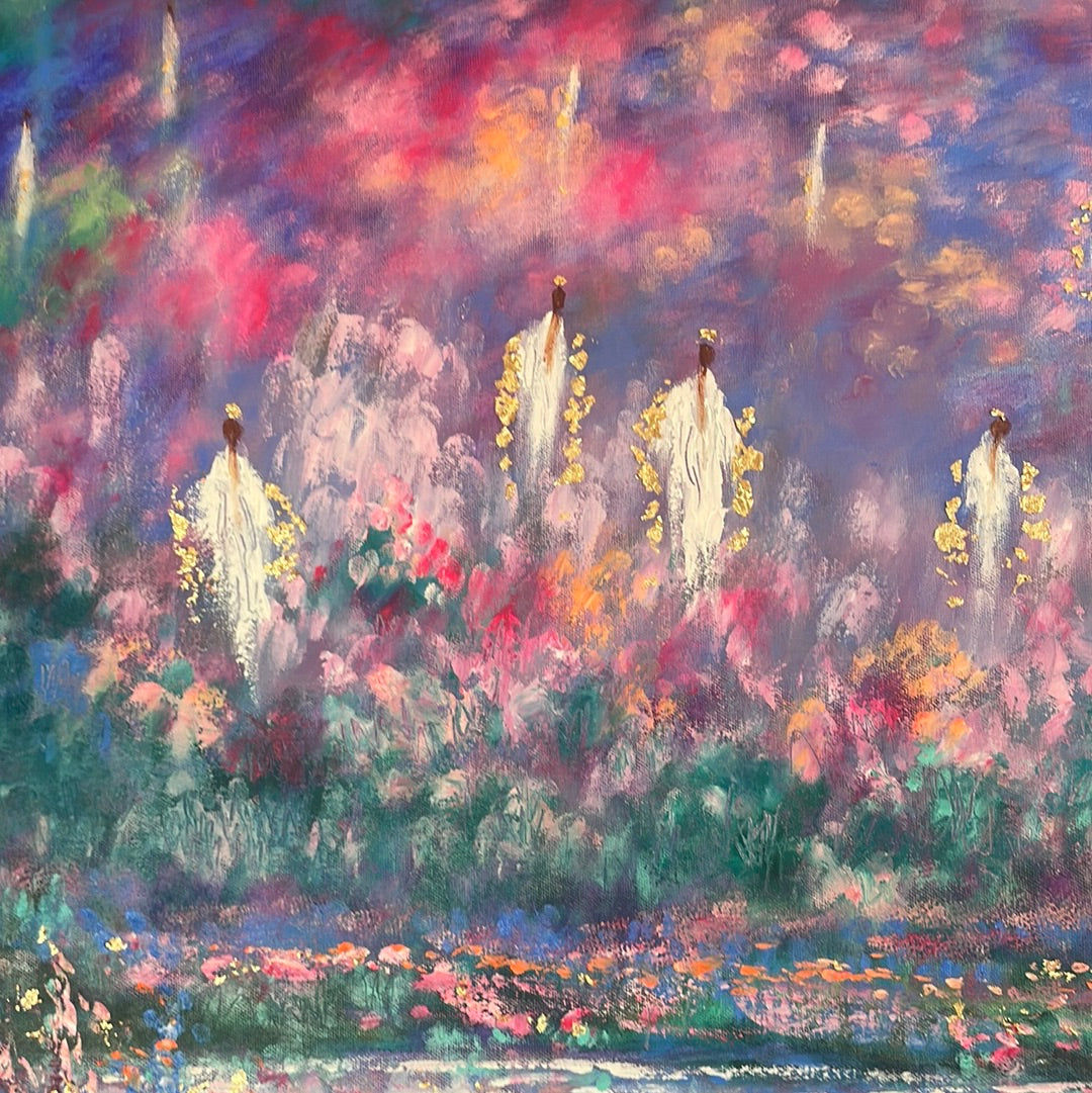 24x36x1.5 Original Oil Painting Angels of Cherry Blossom Heaven in moonlight