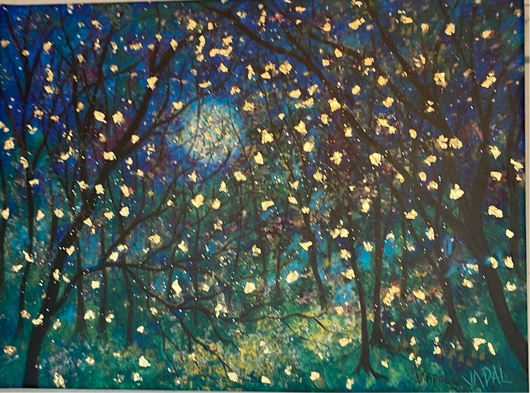 18x24x1  Fireflies under Springtime Moon Canvas Print with Embellished Gold Leaf with Resin Finish