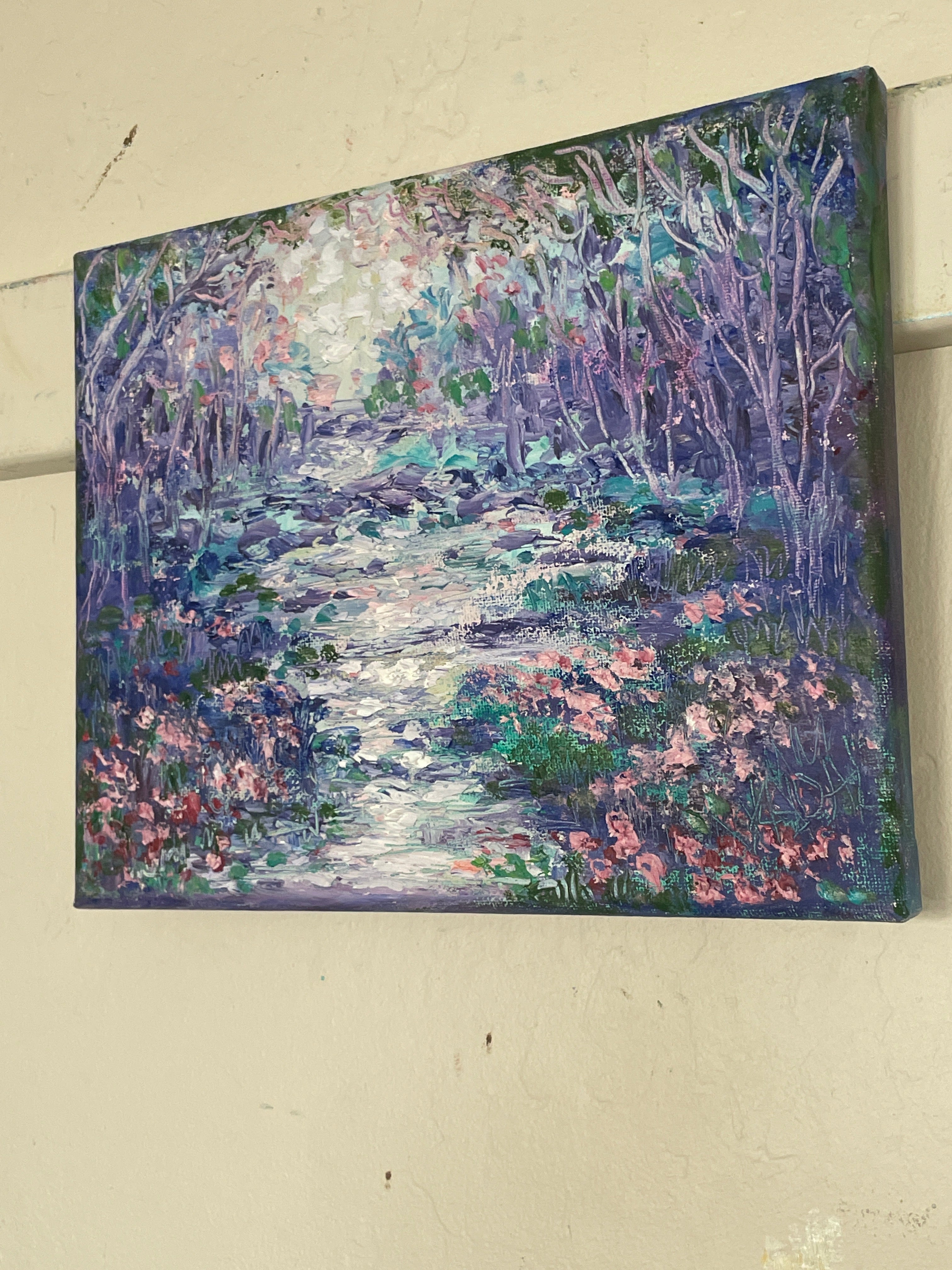 8x10 Original Painting - Abstract purple lavender stream & trees -oil painting