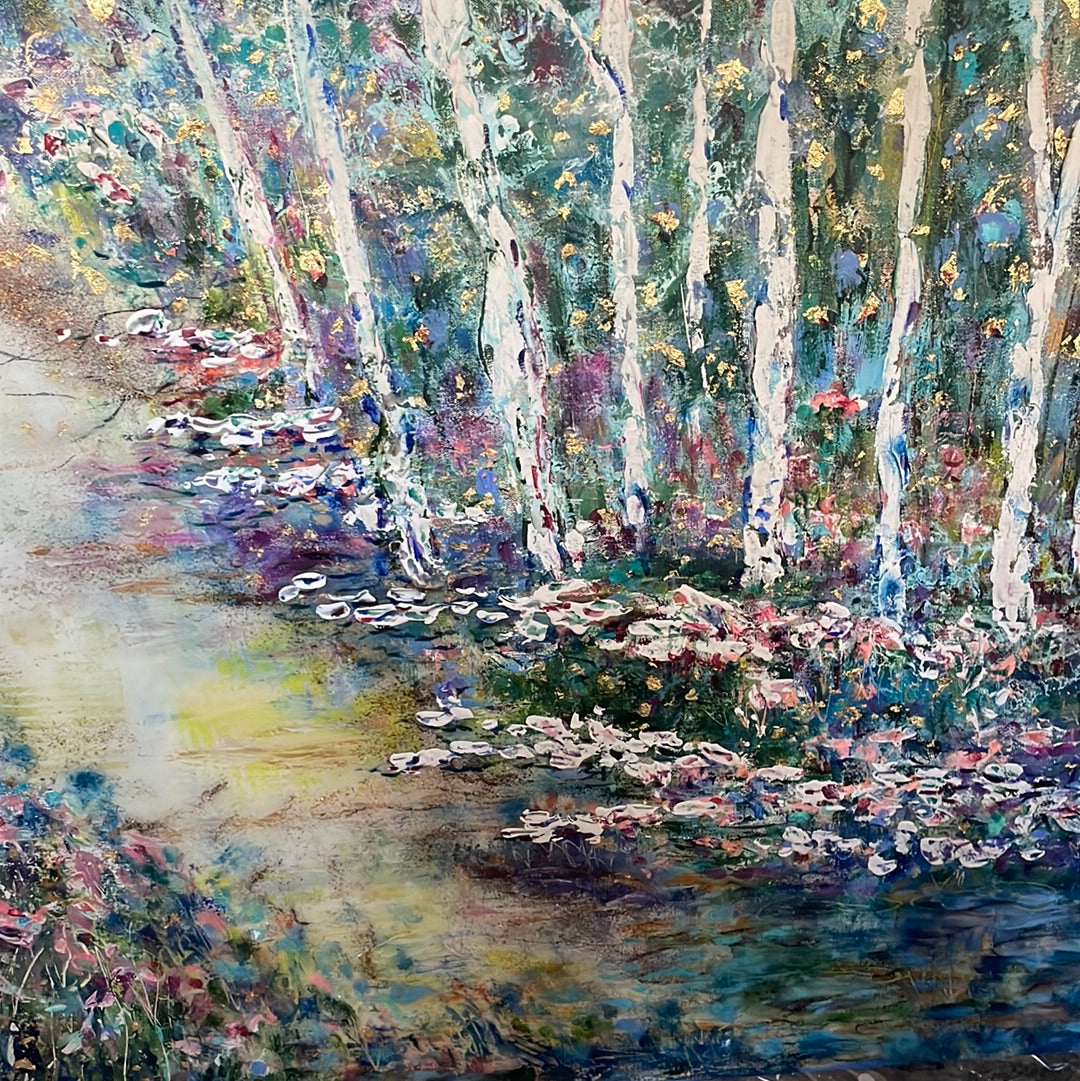 Original painting - Glowing stream and birch trees  - Large painting 60 x 48 x 1.5 - oil , plaster , and gold leaf