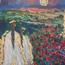 Load image into Gallery viewer, 6/15  -in Stock- embellished canvas print- Angels of the vineyards in moonlight -acrylic highlights and gold leaf-18 x 24 x1-your choice Varnish or Resin finish