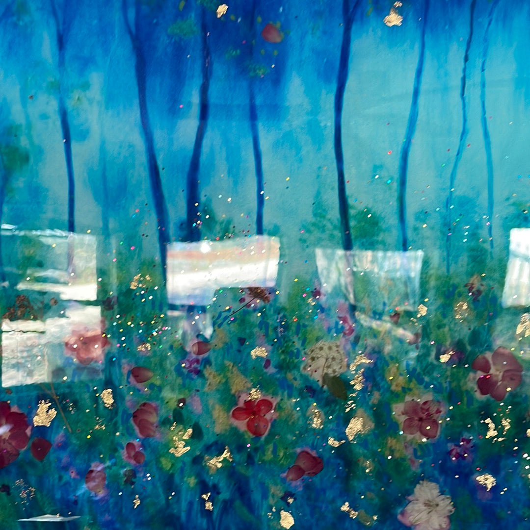 In stock -embellished moon print - Springtime Blue Moon and wildflowers  18x24x1  with gold leaf