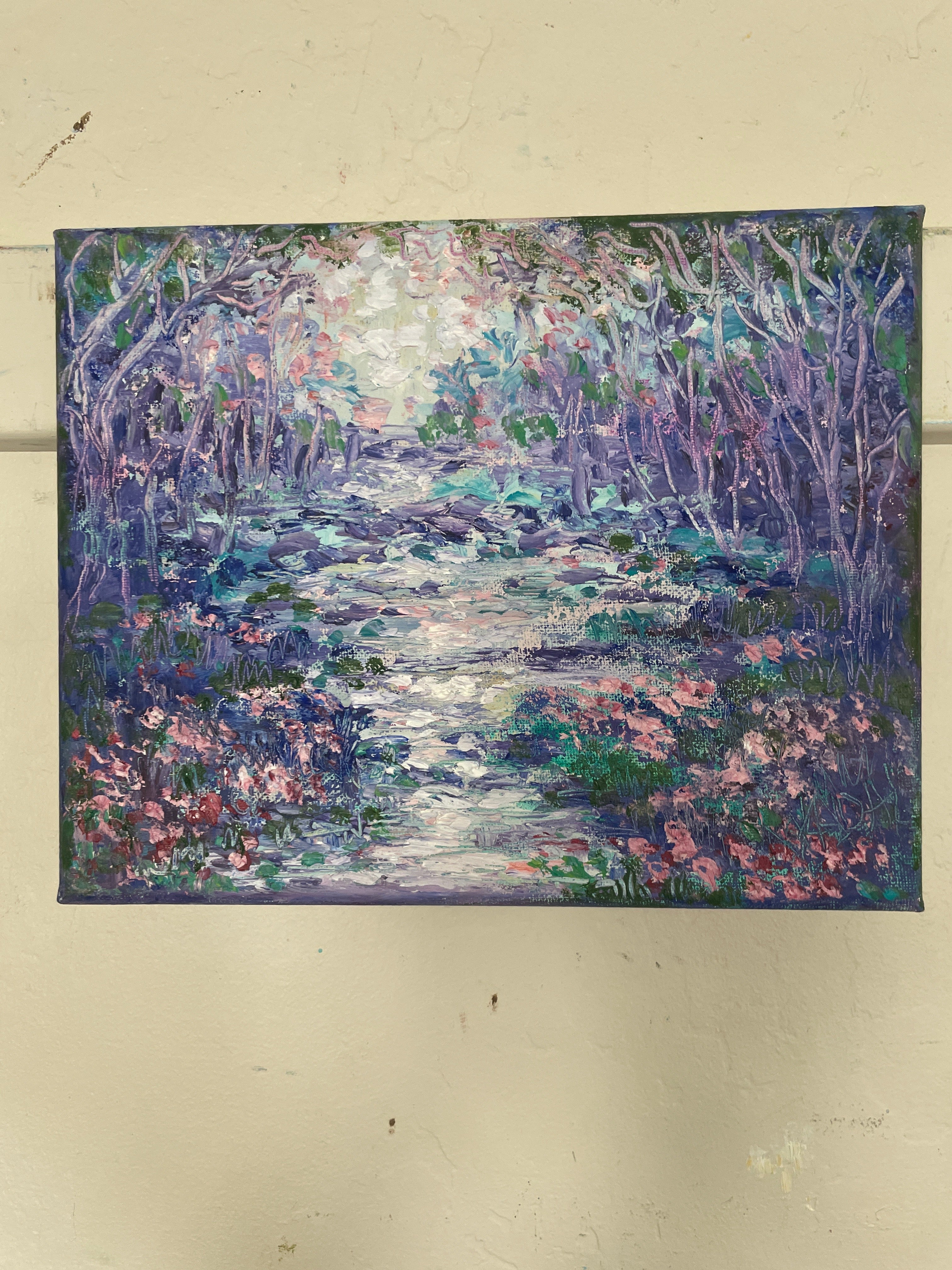 8x10 Original Painting - Abstract purple lavender stream & trees -oil painting