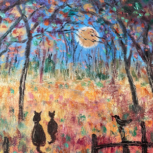 Two black cats ,  3 black birds -under Halloween moon-oil and cold wax