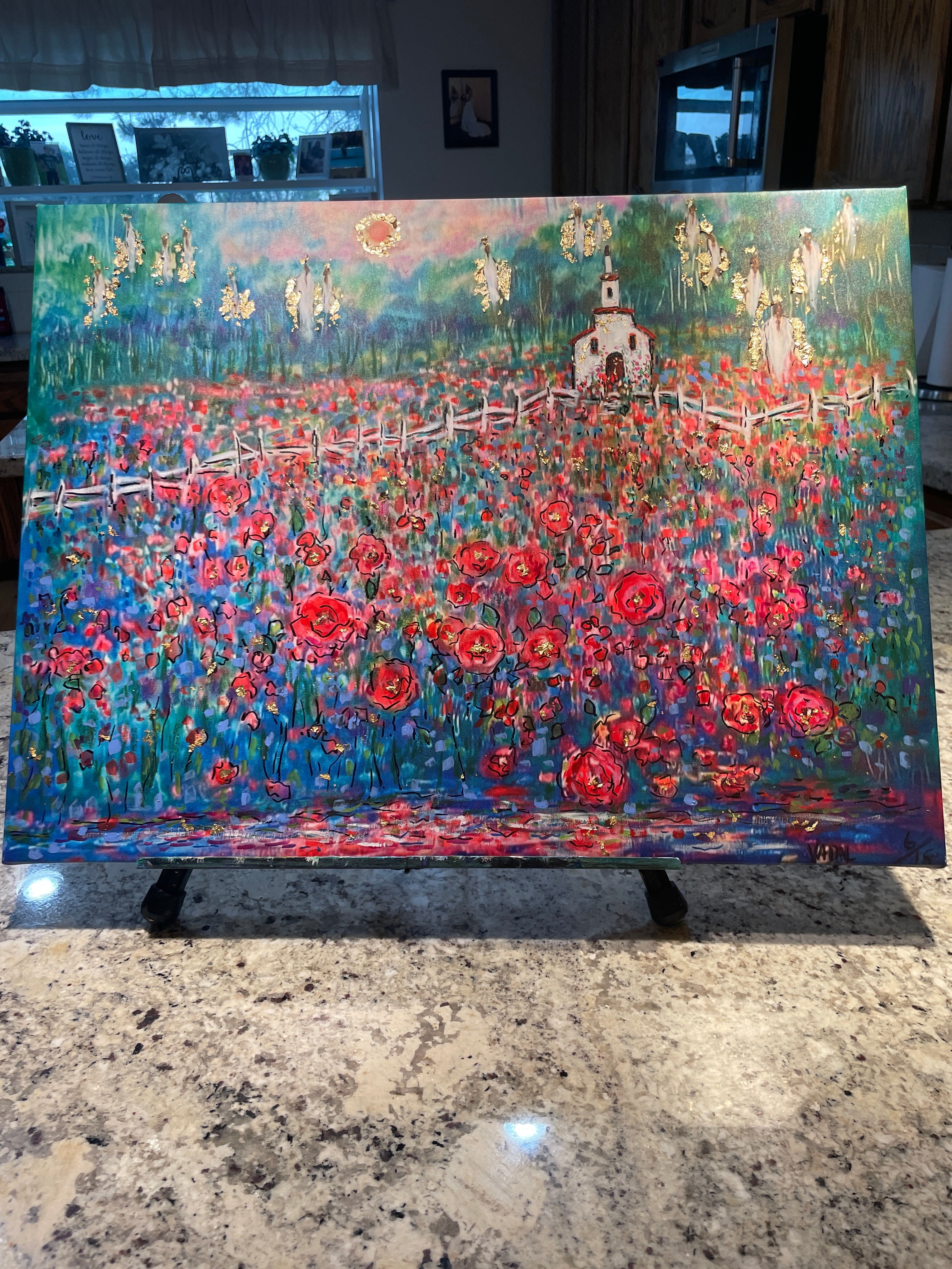 18x24x1 Canvas Print White Country Church Among Red Poppy Fields with Angels