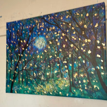 Load image into Gallery viewer, In Stock - Fireflies under Springtime moon 18x24x1  with gold leaf