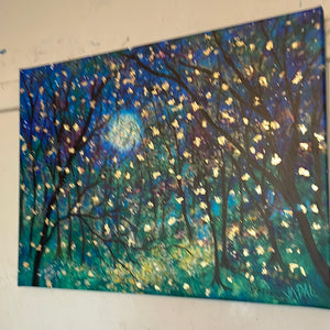 18x24x1  Fireflies under Springtime Moon Canvas Print with Embellished Gold Leaf with Resin Finish