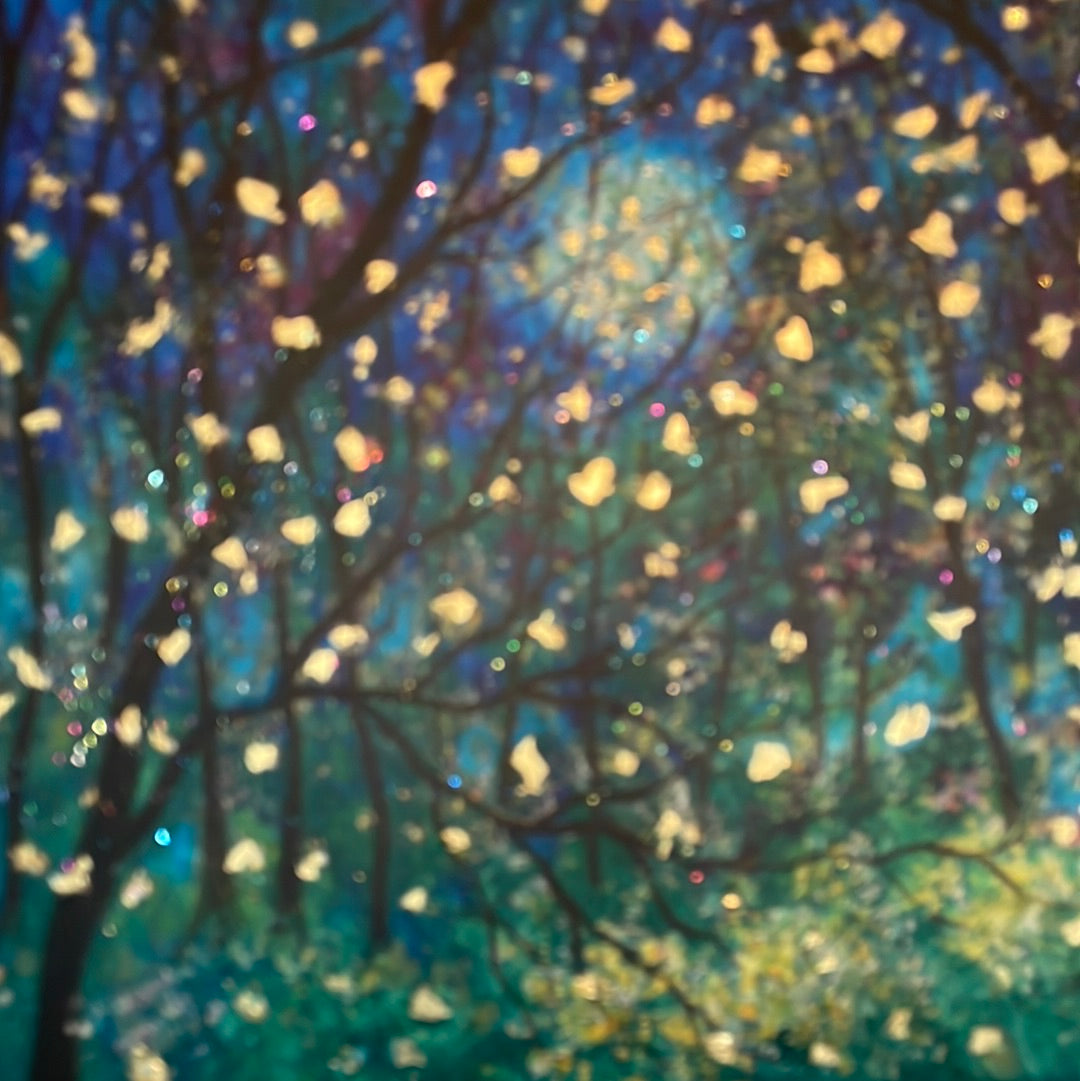 18x24x1  Fireflies under Springtime Moon Canvas Print with Embellished Gold Leaf with Resin Finish