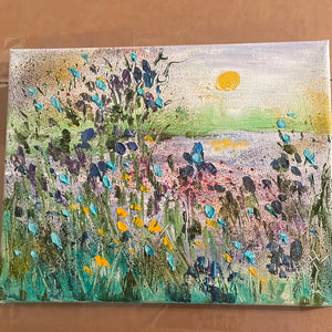 California sunny  Valley pond  and wildflowers-oil  painting 8 x 10