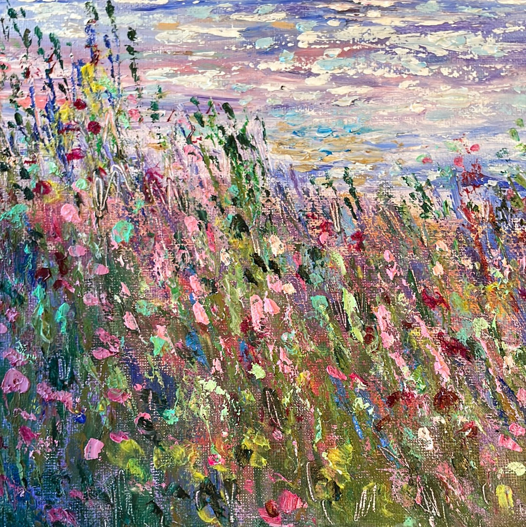 Original painting - California sailboat sailing and wildflowers   -oil and cold wax