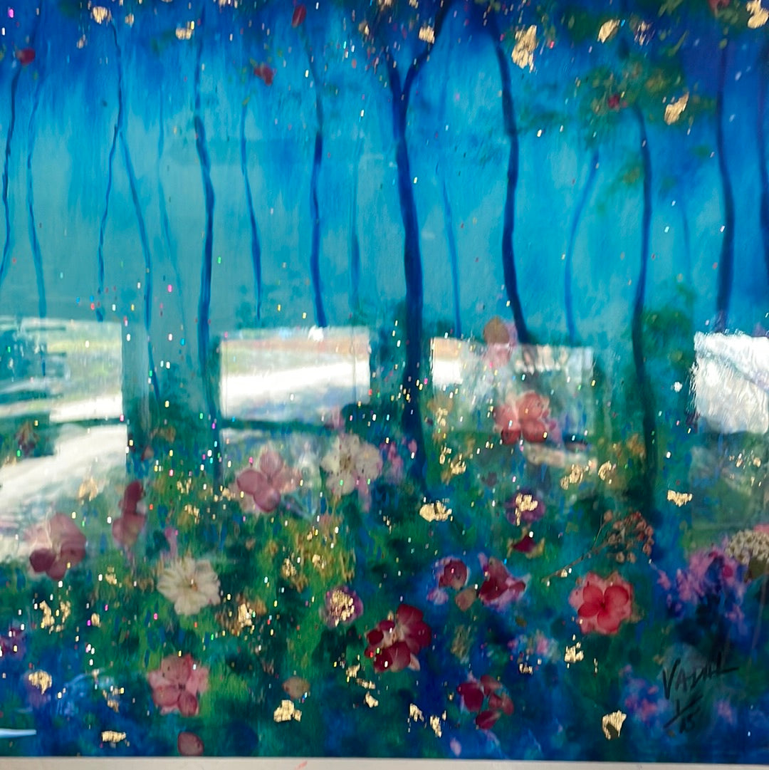 In stock -embellished moon print - Springtime Blue Moon and wildflowers  18x24x1  with gold leaf