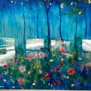 In stock -embellished moon print - Springtime Blue Moon and wildflowers  18x24x1  with gold leaf