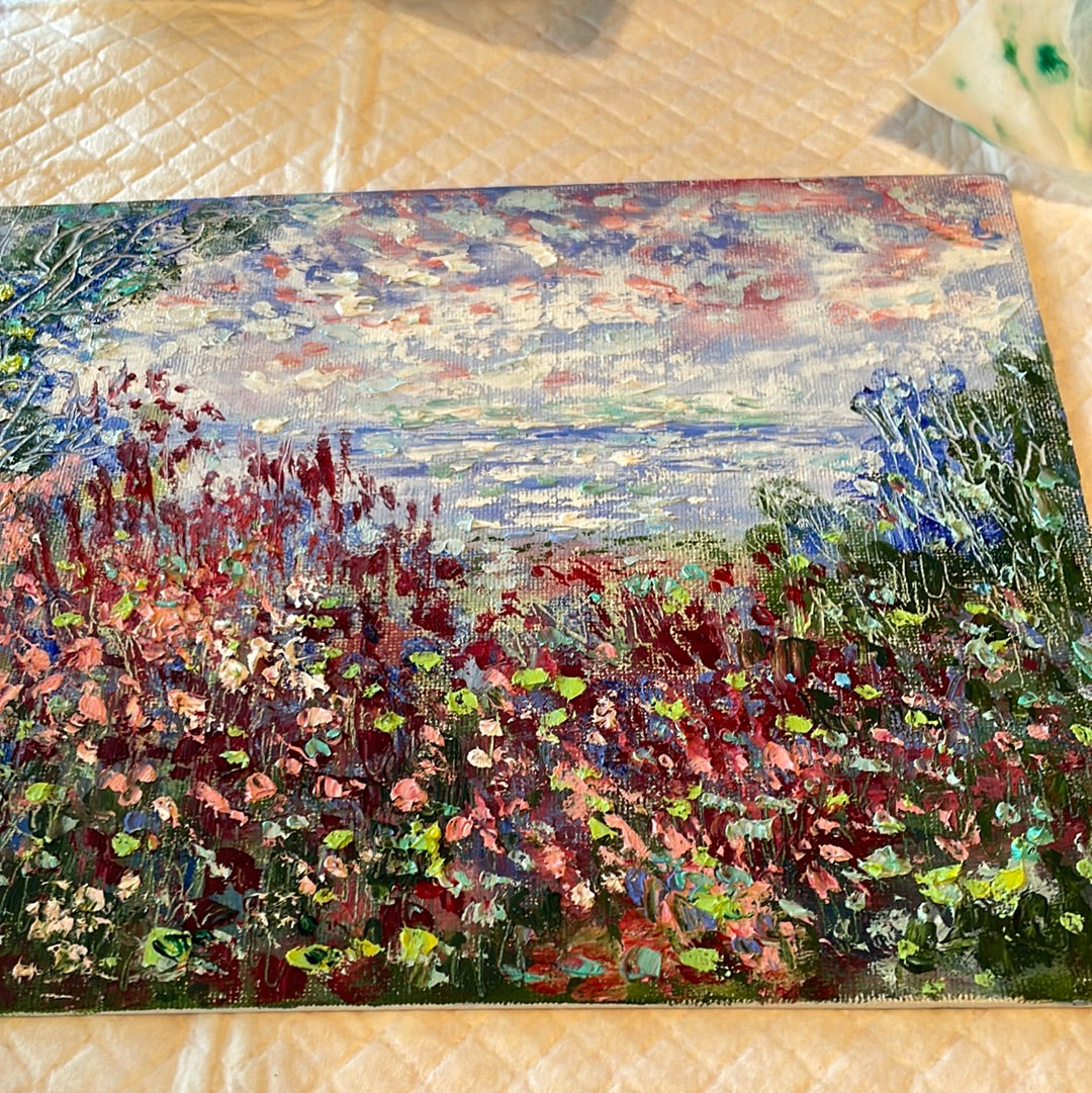 Original painting - California coast - wildflowers - oil and cold wax -8 x 10  on canvas panel