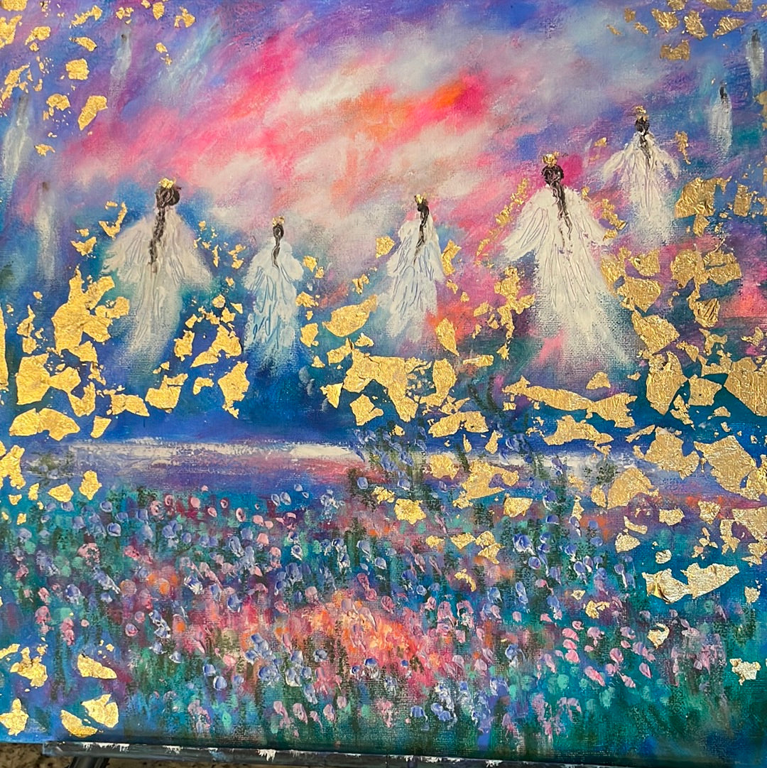 16x20x3/4 Original Painting Angels in Heavens Golden Clouds with Gold Leaf