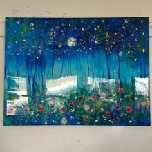 Load image into Gallery viewer, In stock -embellished moon print - Springtime Blue Moon and wildflowers  18x24x1  with gold leaf