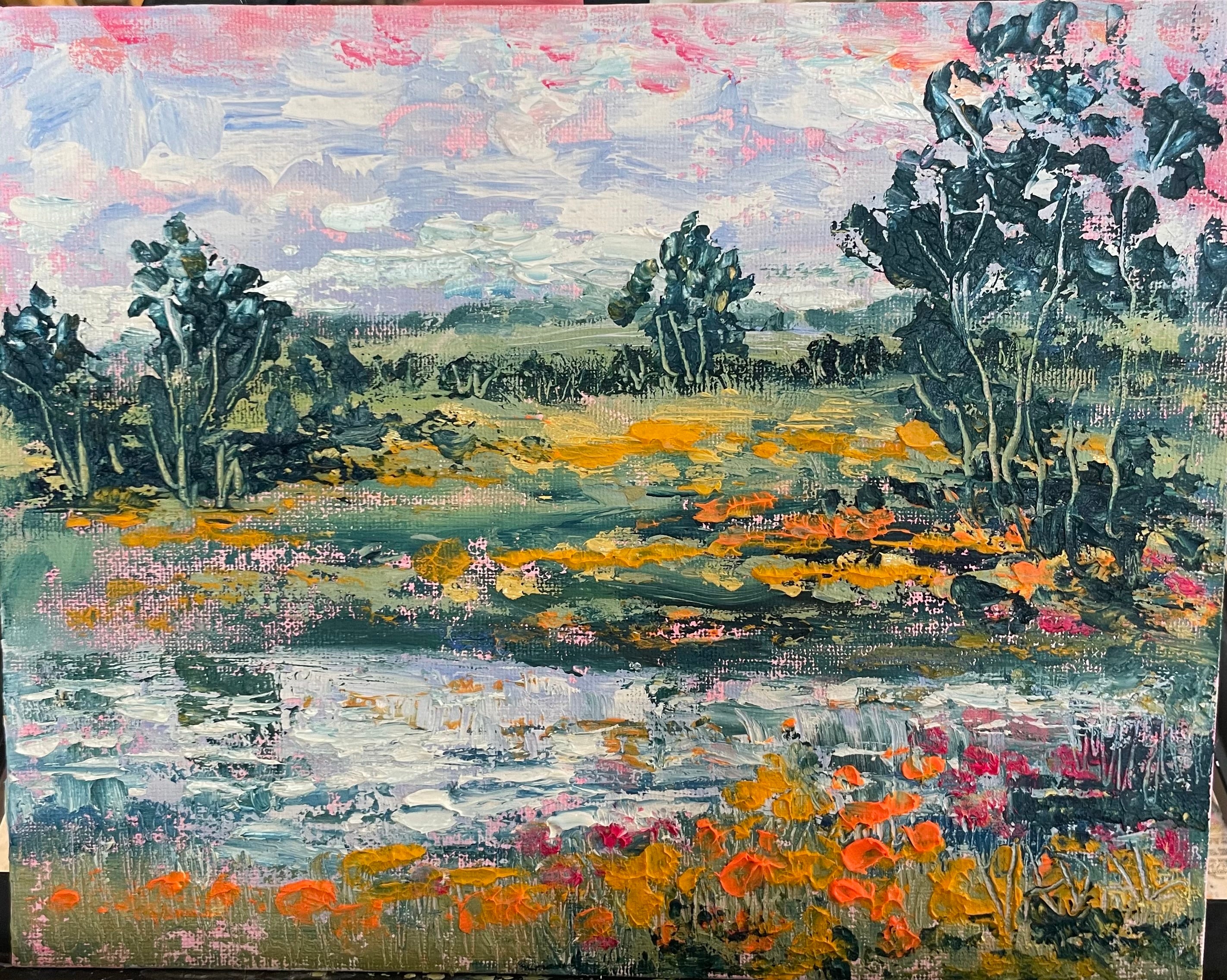 Original painting -oil painting -California oak trees,poppies and stream - 8 x 10