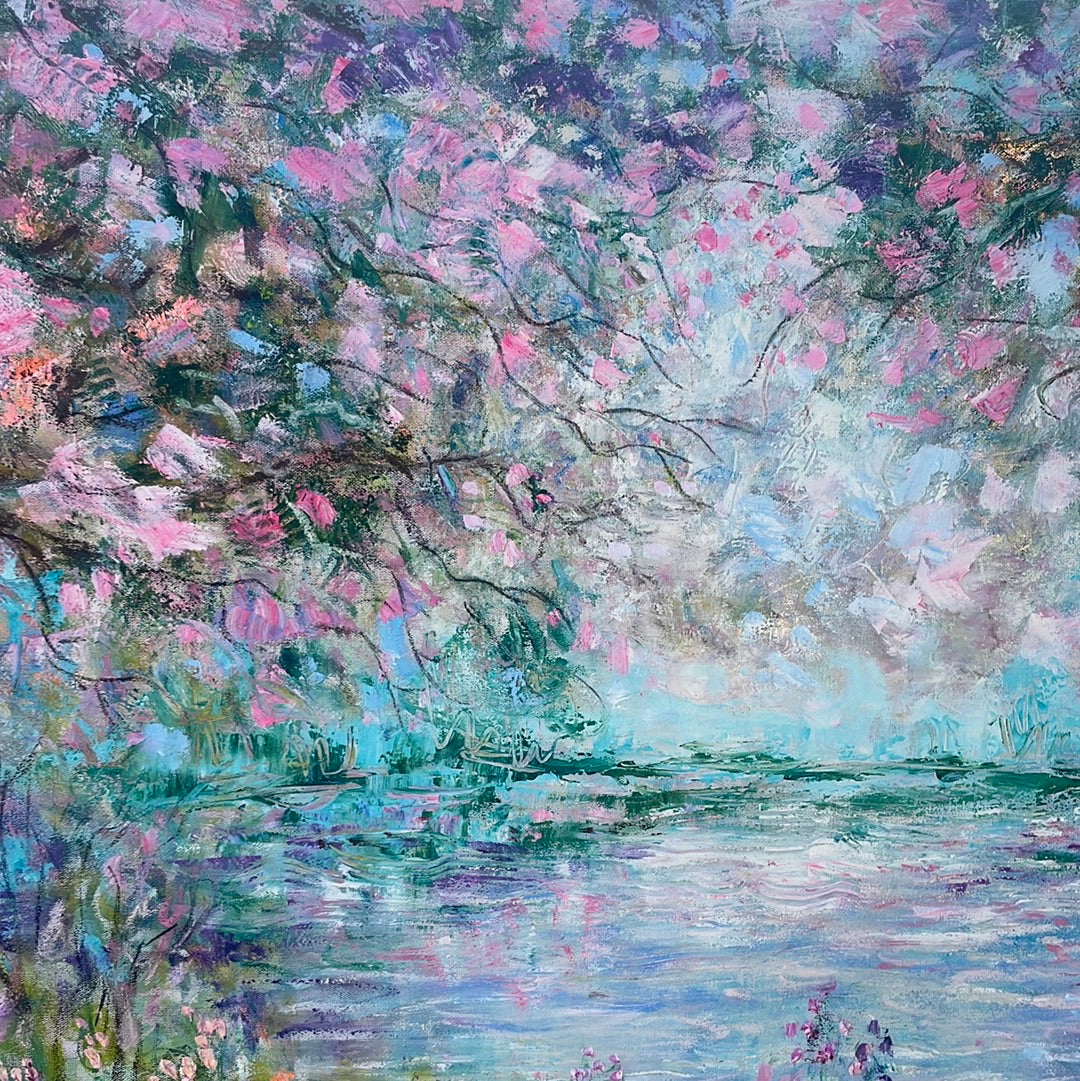 Original painting - Cherry blossom pond - 60 x 48 x 1.5 - oil