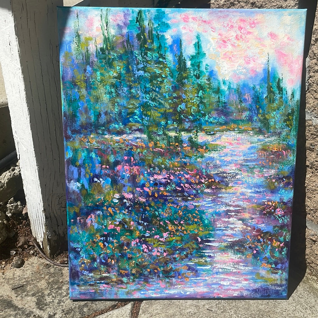 Original painting - California golden wildflowers -and rocky Yosemite  stream -oil painting  16 x20 x3/4