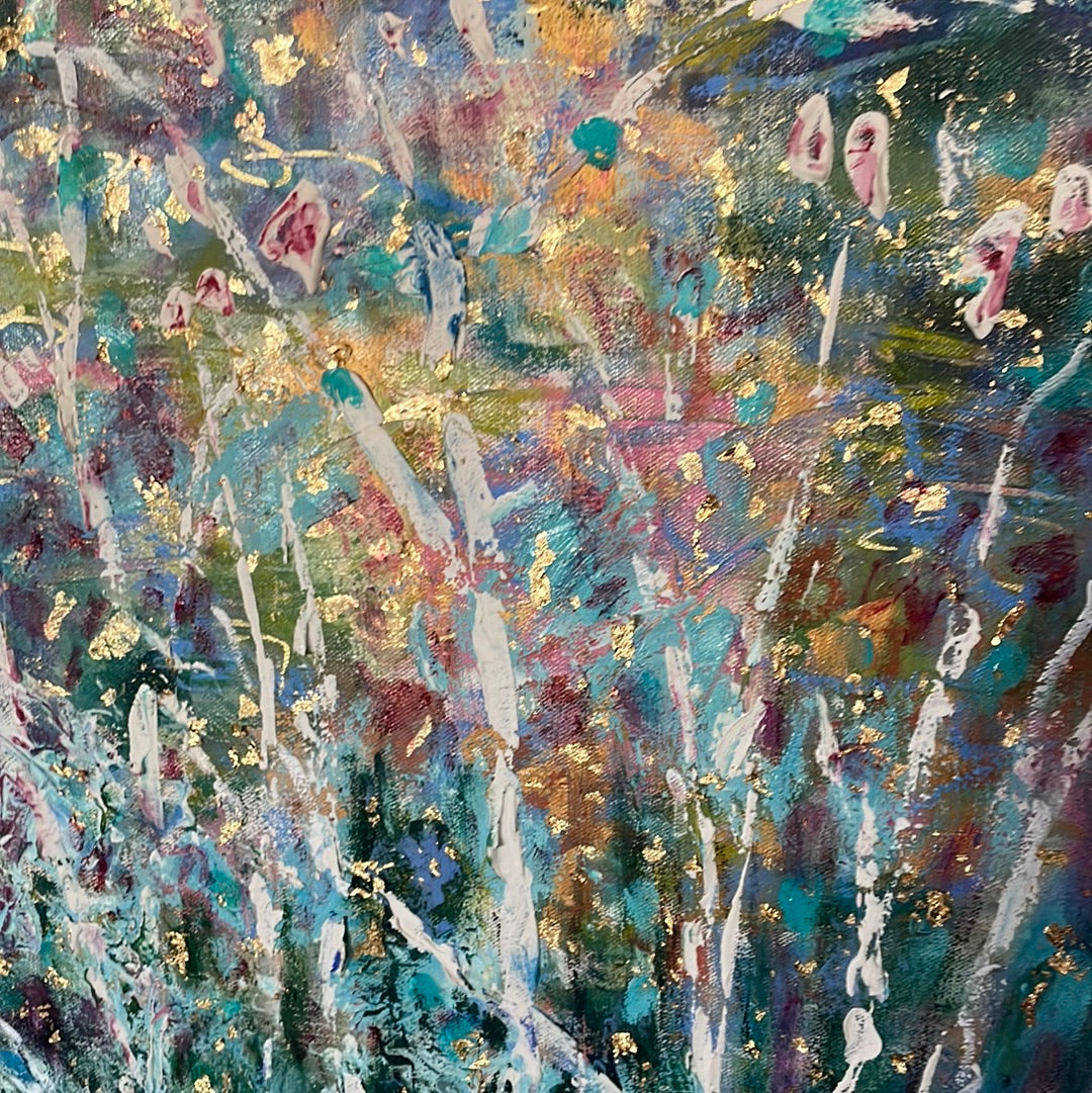 Original painting - Glowing stream and birch trees  - Large painting 60 x 48 x 1.5 - oil , plaster , and gold leaf