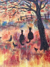 Load image into Gallery viewer, Two black cats ,  5black birds -under Halloween moon-oil and cold wax